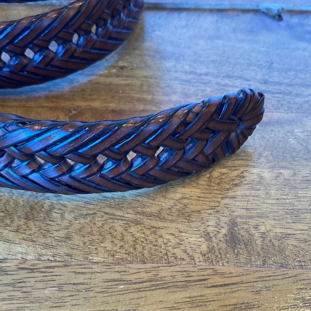 Men's Brown Herringbone‎ Leather Trim Belt Size 36 Classic Basic Brushed Gold